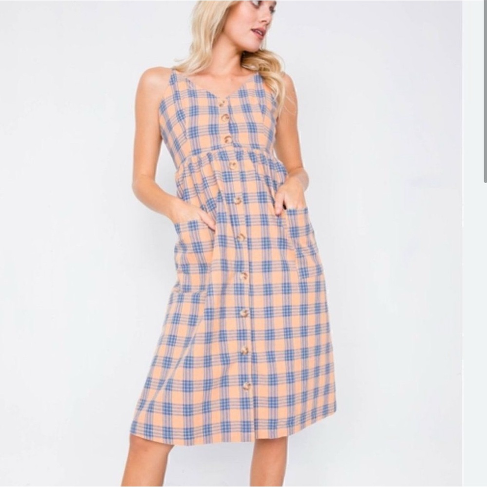 Gilli Orange and Blue Plaid Midi Dress